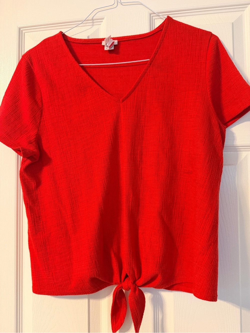 J. Crew Red V-Neck Tie-Front Short Sleeve Top